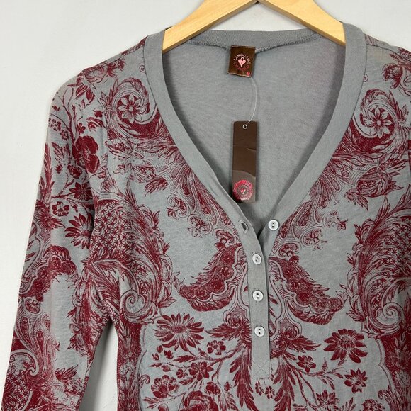 Vintage Y2K Henley Tee Gray & Red Floral Boho Size Medium Women's - Picture 2 of 4